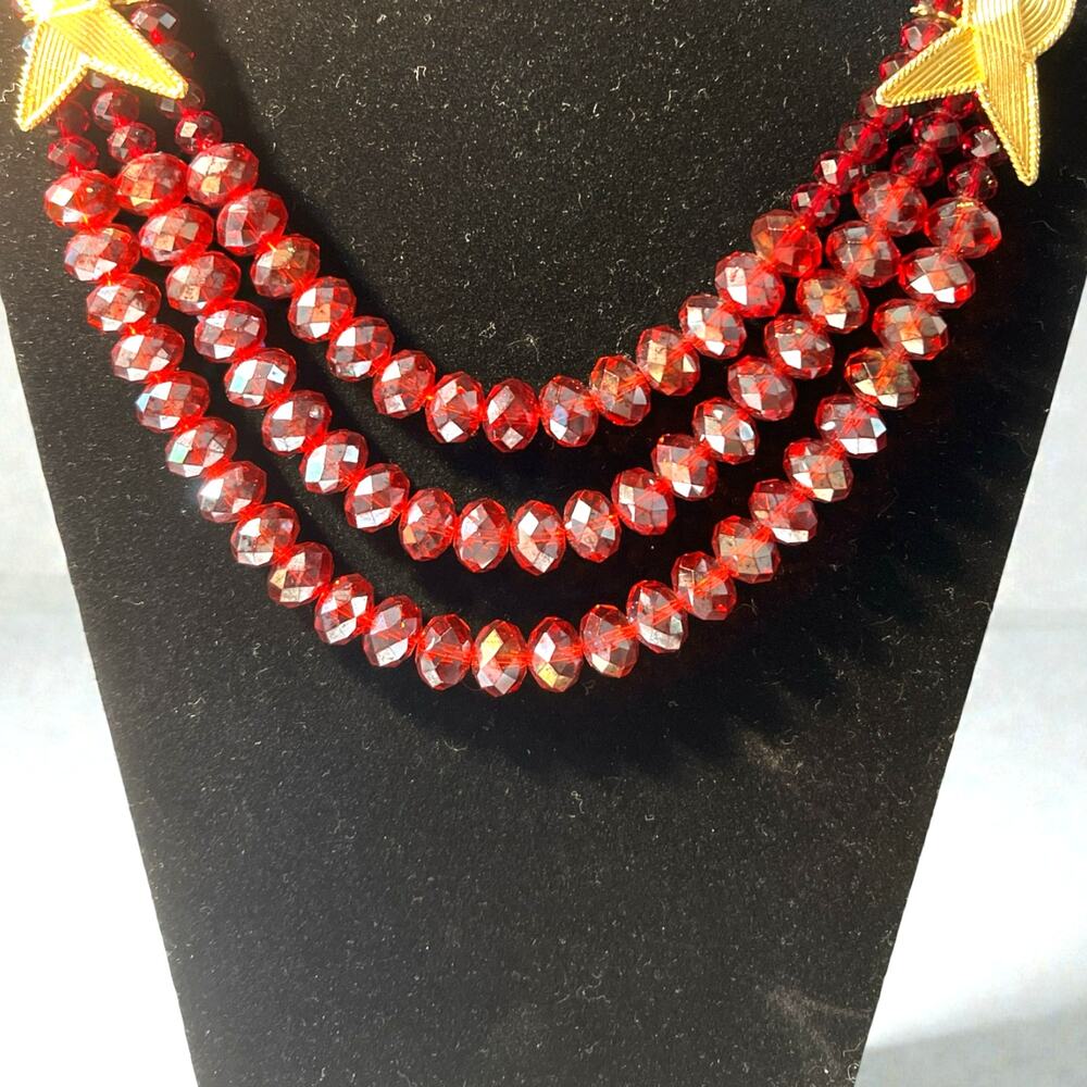 Vintage Three-strand Statement Necklace made of Deep Red Faceted Crystal Beads